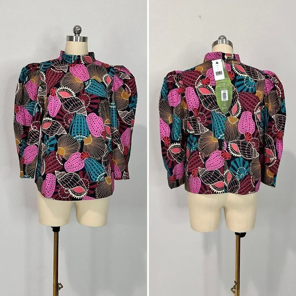 NWT Farm Rio Mock Neck Shell Print Blouse Sz M Boho Coastal Beachy Tribal Batik